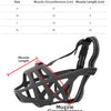 A black breathable basket dog muzzle is shown with measurements indicated for different sizes.