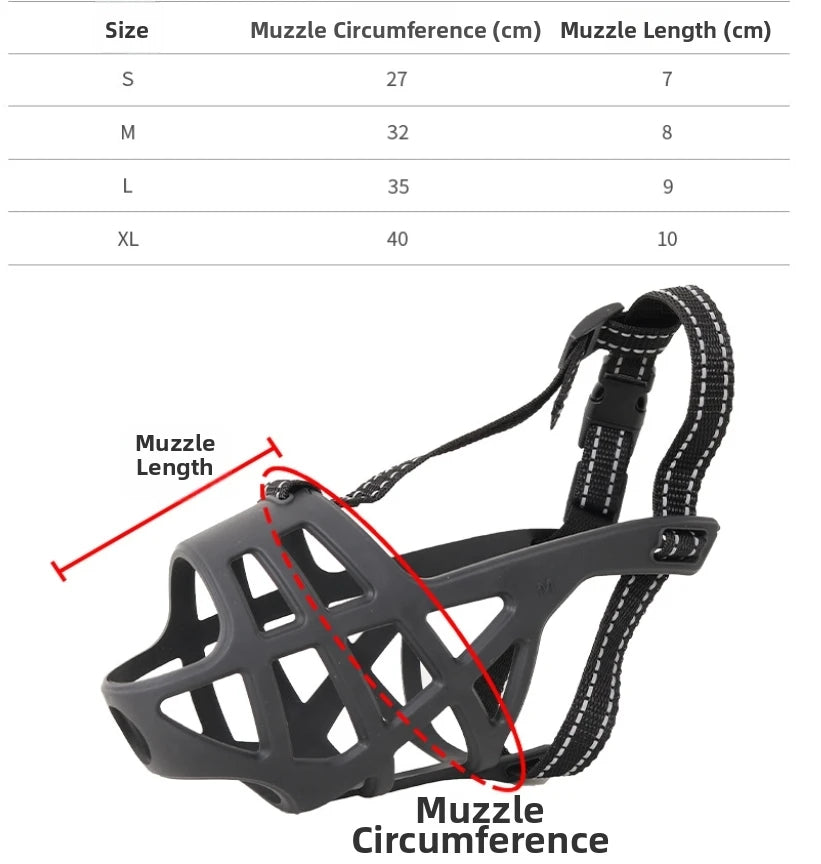 A black breathable basket dog muzzle is shown with measurements indicated for different sizes.