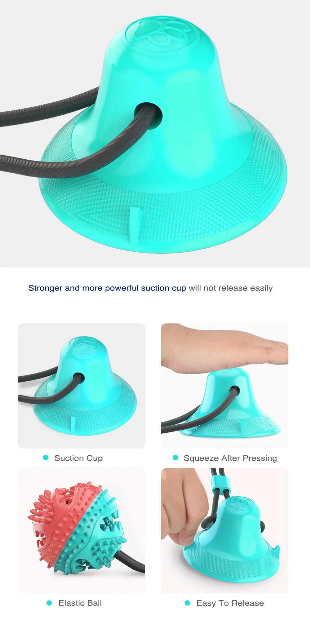 A turquoise suction cup dog ball with an elastic ball for chewing and dental care.