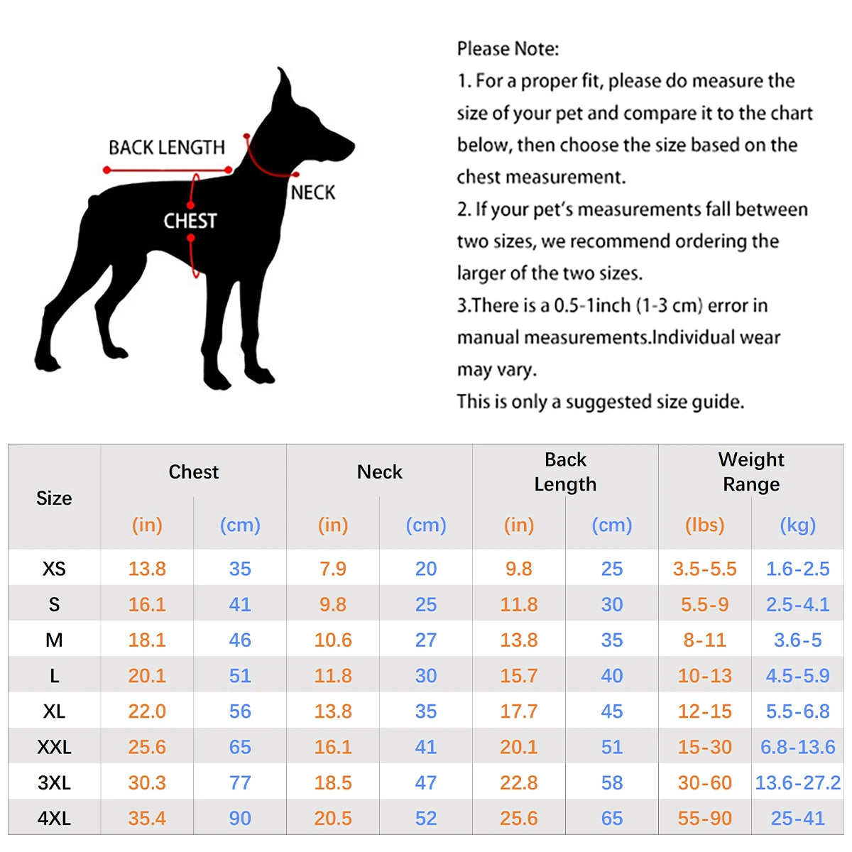 A diagram showing measurements for a dog shirt, including chest, neck, and back length, with size chart options.