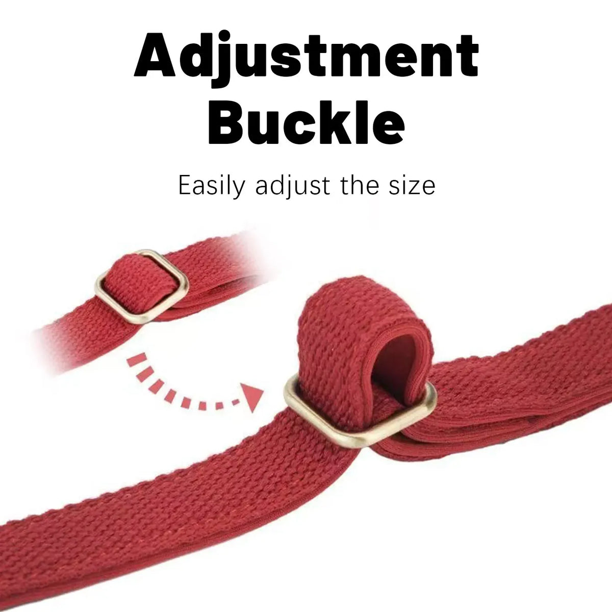 A close-up of a red adjustment buckle on a dog collar, showing how to easily adjust the size.