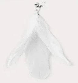 White feather wand toy with a metal clip and suction cup for a cat teaser.