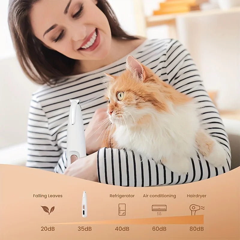 A woman is holding an orange and white cat while demonstrating a cordless pet grooming trimmer with various decibel levels.