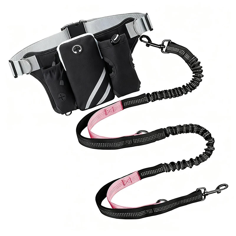 A black hands-free reflective dog leash with a storage bag and adjustable collar.