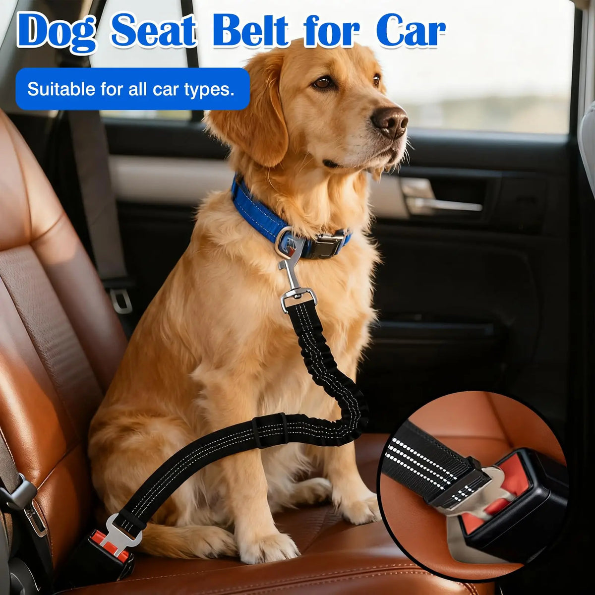 A golden retriever wearing a blue dog seat belt harness in a car seat, demonstrating the safety belt for dogs.
