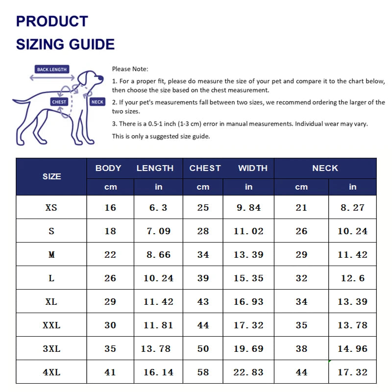 A sizing guide chart for a universal pet dog and cat polo shirt showing measurements in centimeters and inches for various si