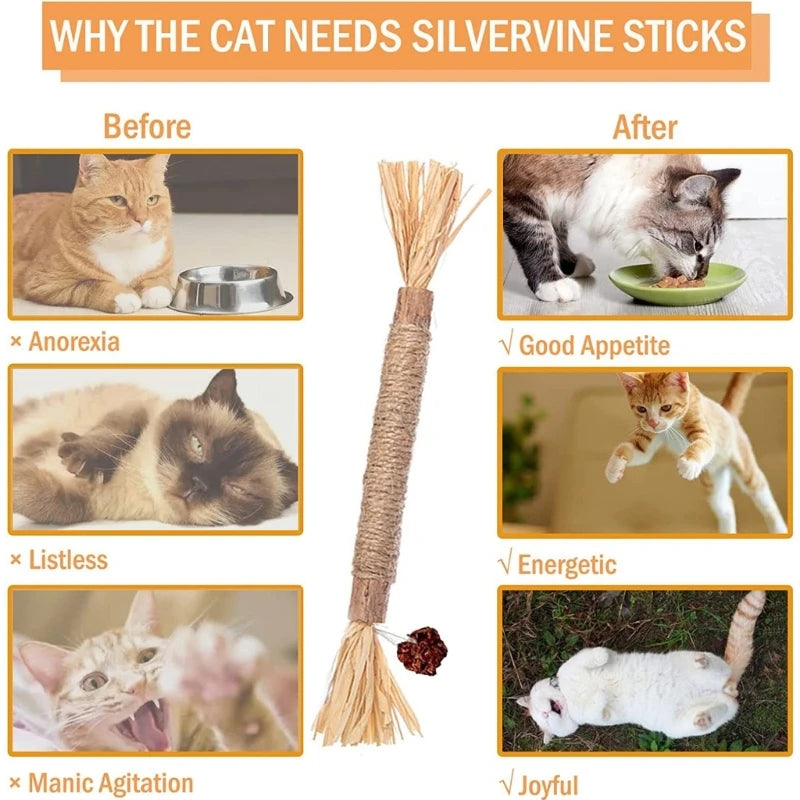 Before and after comparison showing a cat using silvervine sticks for improved appetite and energy.