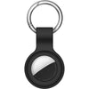 A black silicone protective cover for an AirTag with a metal keychain ring.