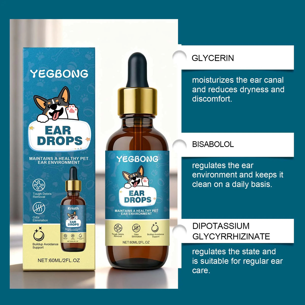 Yegbong ear drops bottle and box showing ingredients like glycerin and bisabolol for pet ear care