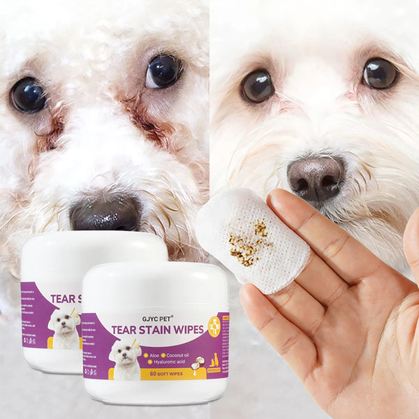 A hand holds a white package of Tear Stain Wipes for pets with a close-up of a dog's face.
