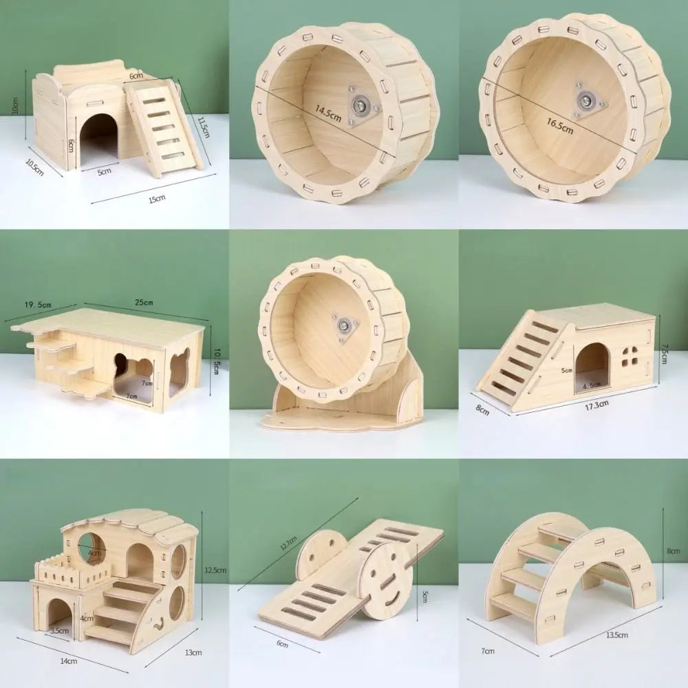 Natural wooden hamster house and activity platform with various sizes and designs.
