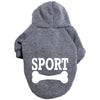 A gray cozy fleece dog hoodie with a hood and the word SPORT printed on the back.