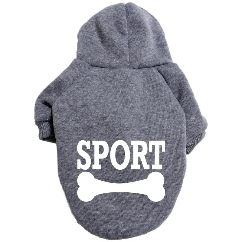 A gray cozy fleece dog hoodie with a hood and the word SPORT printed on the back.