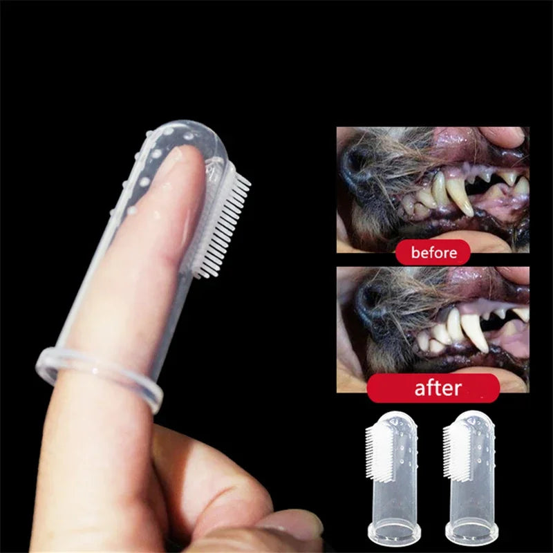 A hand holds a soft silicone finger toothbrush for pets, showing before and after results on an animal's mouth.