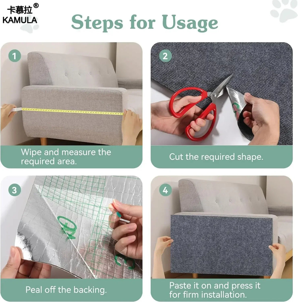 Anleitung zur Verwendung der Kamula Anti-Kratz-Katzenmatte für Möbel, einschließlich Messen und Schneiden.