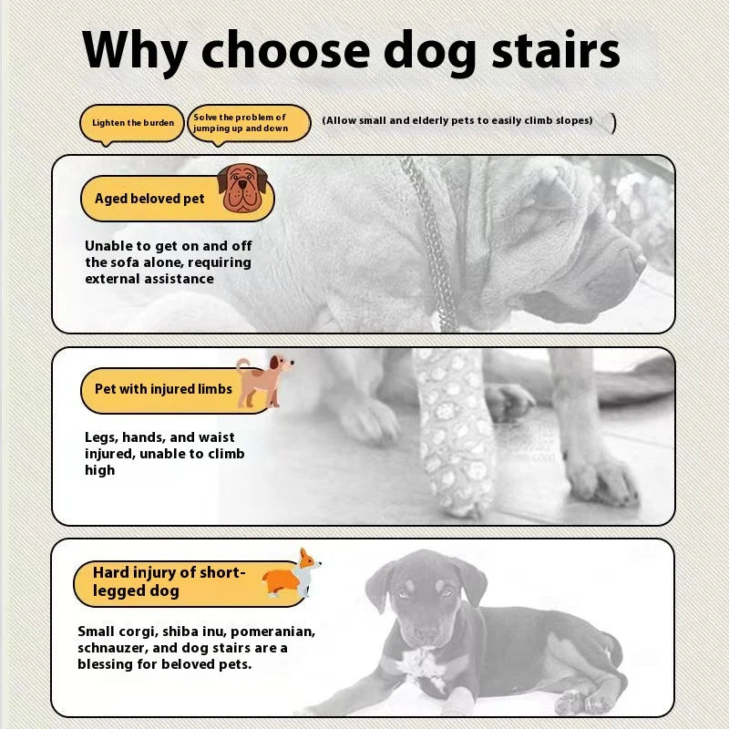 Diagram showing why to choose dog stairs for aged pets, pets with injured limbs, and short-legged dogs.