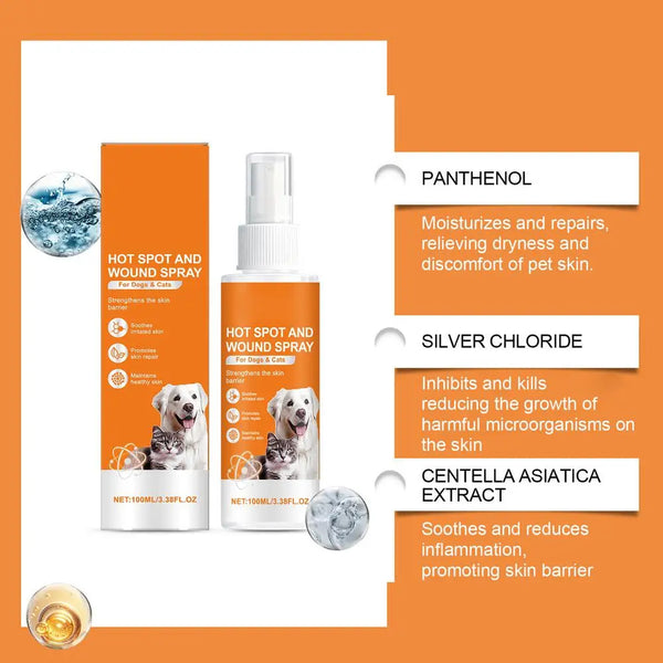 A collection of pet skin care sprays including Panthenol, Silver Chloride, and Centella Asiatica Extract.