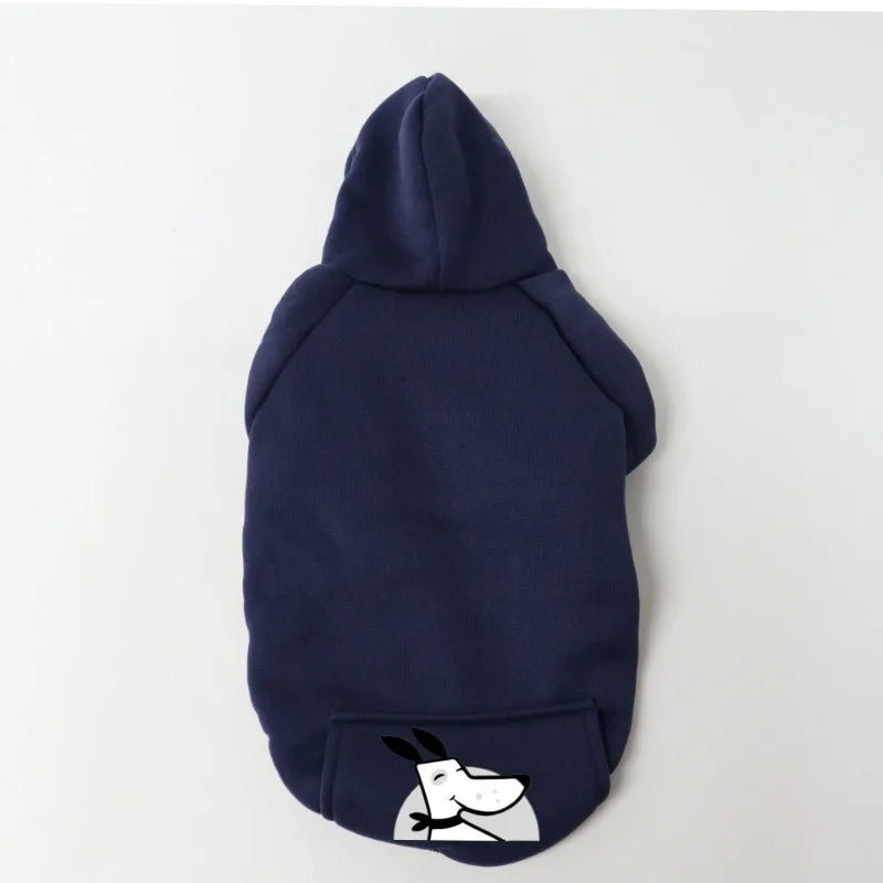 Navy blue cozy fleece dog sweatshirt with a hood and pocket featuring a white cartoon dog face.