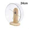 Clear plastic hamster silent running wheel mounted on a wooden stand, measuring 24cm.