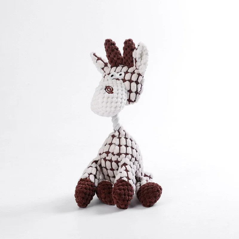 A white and brown plush dog toy with large ears, designed for chewing and interactive play.
