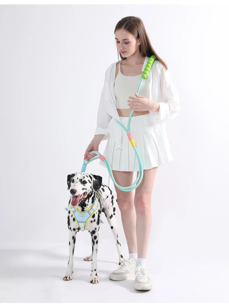 Una mujer sostiene una correa ajustable para perro sin mano con cordón verde y azul claro, junto a un perro.