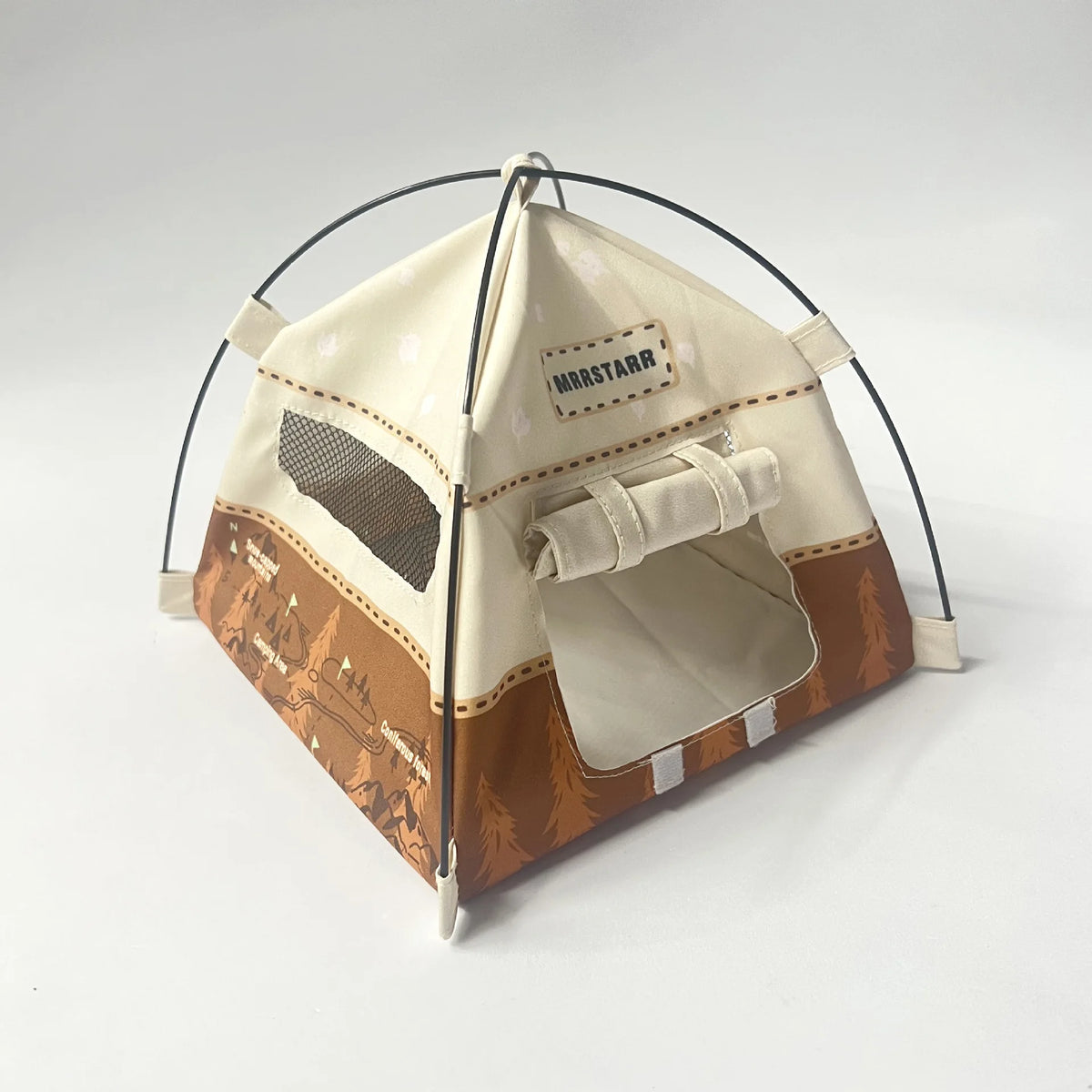 A beige breathable mesh foldable pet tent with a brown and tan camouflage pattern.