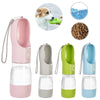A pink, gray, and green portable 2-in-1 dog water bottle and food dispenser with a flexible straw.