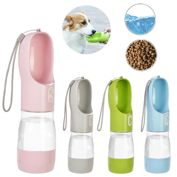 A pink, gray, and green portable 2-in-1 dog water bottle and food dispenser with a flexible straw.
