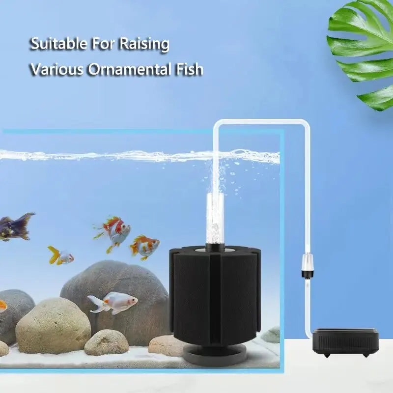 A black biochemical sponge filter is shown with a white tube, suitable for raising ornamental fish.