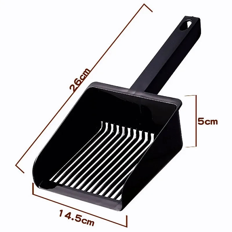 Black extra-large cat litter scoop with a hanging hook and measuring lines.