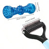 A blue stainless steel dematting comb for cats and dogs shown with dimensions.