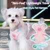 A white dog wearing a pink and striped vest-style pet harness and teal leash.