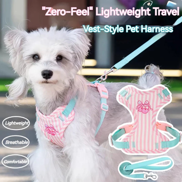 A white dog wearing a pink and striped vest-style pet harness and teal leash.