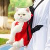 A white cat is sitting inside a red carrier backpack being held by a person outdoors.