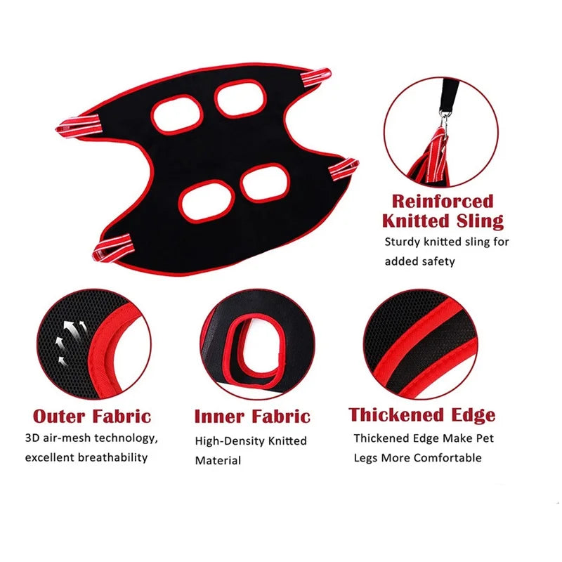 Black pet nail trimming sling with red accents showing its outer fabric inner fabric and thickened edge features