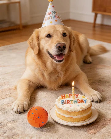 A golden retriever sits next to a birthday cake and a smart pet ball with a party hat.
