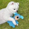 A white puppy is lying on green grass next to a blue plush squeaky dog toy.