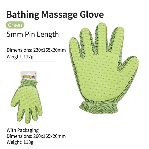 A bright green bathing massage glove with a 5mm pin length shown in various views.