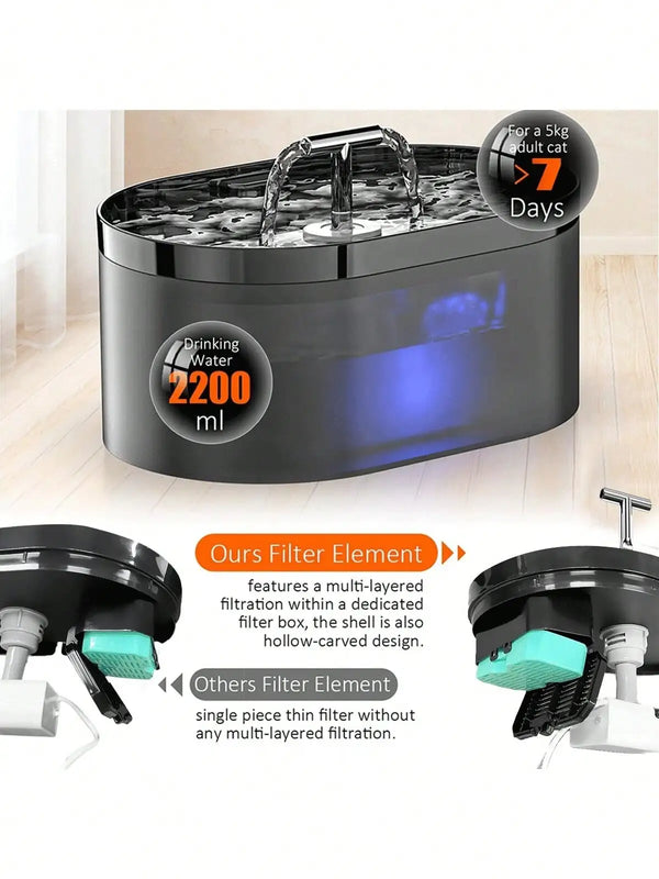A black automatic cat water fountain is shown with a filter element and a separate filter element.