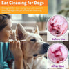 A person is cleaning a dog's ear with long cotton swabs, showing before and after results.