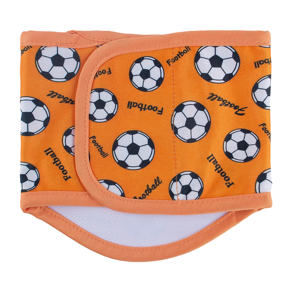 Orange reusable washable sanitary pants for male dogs featuring soccer ball patterns