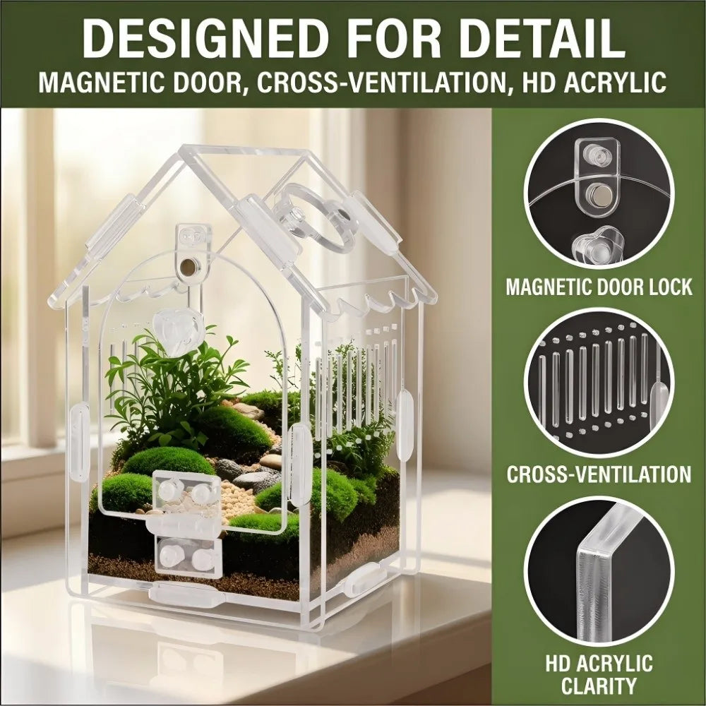 A clear acrylic terrarium designed for detail featuring a magnetic door, cross-ventilation, and HD acrylic clarity.