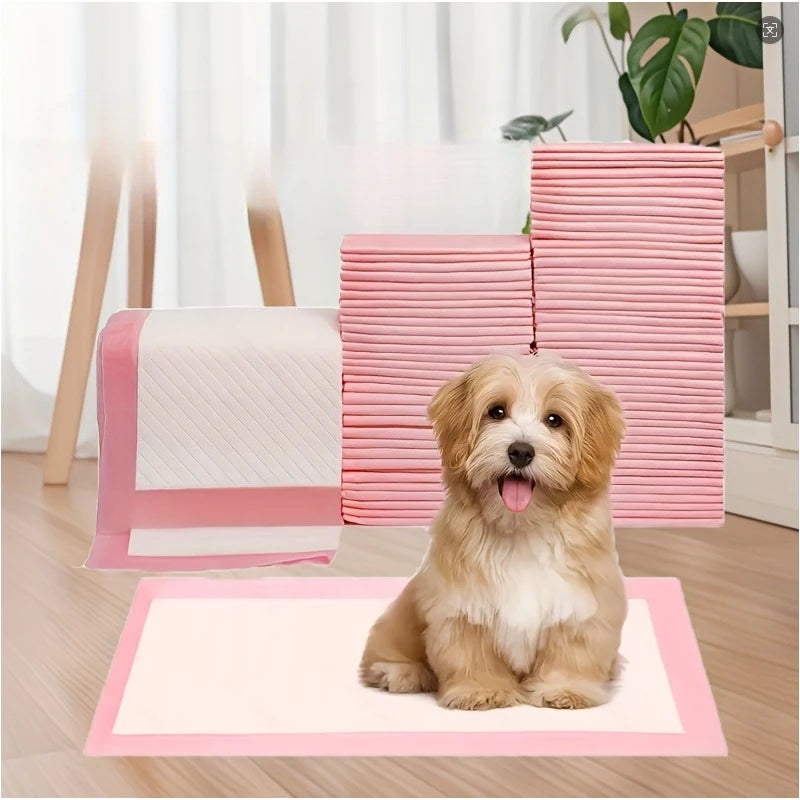 A golden retriever sits on a pink absorbent dog pee pad in a bright indoor setting.