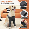 Gray dog licking sleeve details showing fabric, hem cuff, and back bonding of a recovery suit