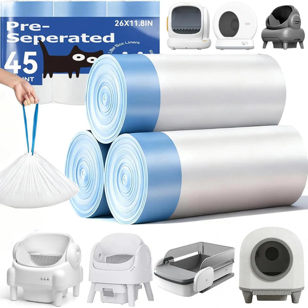 A collection of self-cleaning litter box bags and associated equipment including rolls, containers, and litter boxes.
