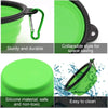 A bright green silicone pet feeder bowl with a carabiner clip, showing its sturdy design and collapsible feature.