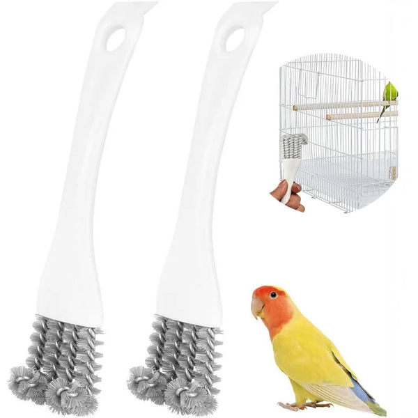 A white bird poop remover cleaning brush with a silicone head is shown next to a yellow bird.