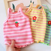 Pink striped dog vest with a red strawberry print and a yellow striped vest.
