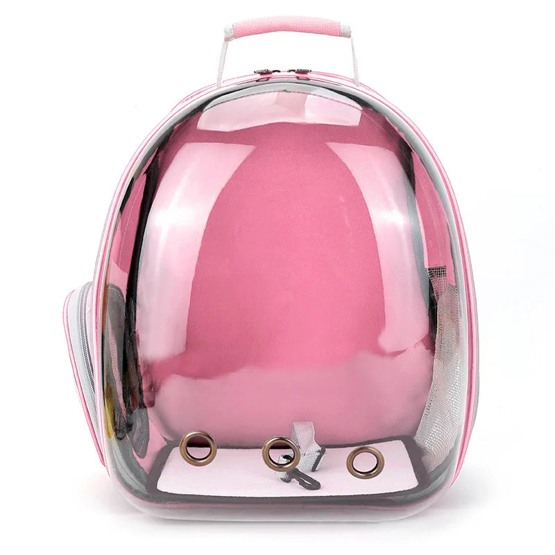 Pinkes und silbernes, transparentes, tragbares Hundetransport-Rucksack mit Henkel.