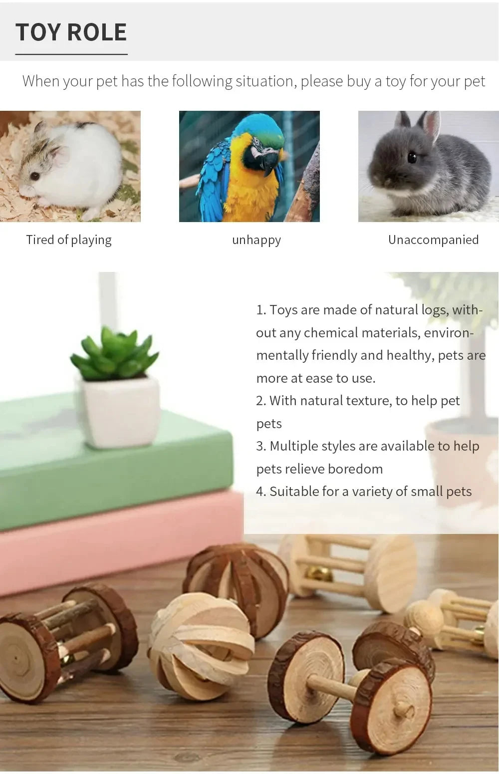 Natural wooden chew toys for pets including log shapes and wooden chew sticks.